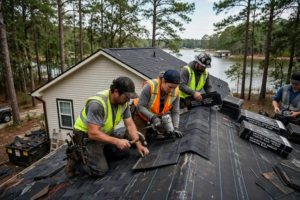 Sustitución del techo de barro de asfalto en Livingston, TX - Roof Replacement Pros, Huntsville, TX