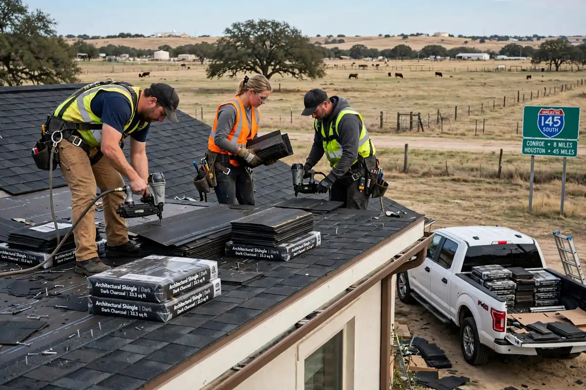 Sustitución del techo de barro de asfalto en Madisonville, TX - Roof Replacement Pros, Huntsville, TX