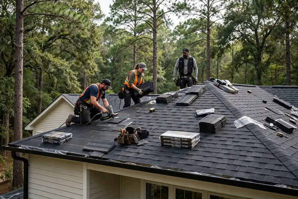Sustitución del techo de barro de asfalto en New Waverly, TX - Roof Replacement Pros, Huntsville, TX
