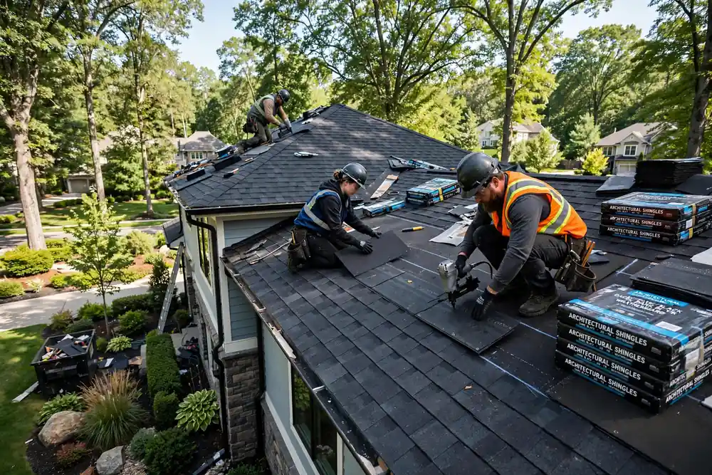 Sustitución del techo de barro de asfalto en The Woodlands, TX - Roof Replacement Pros, Huntsville, TX