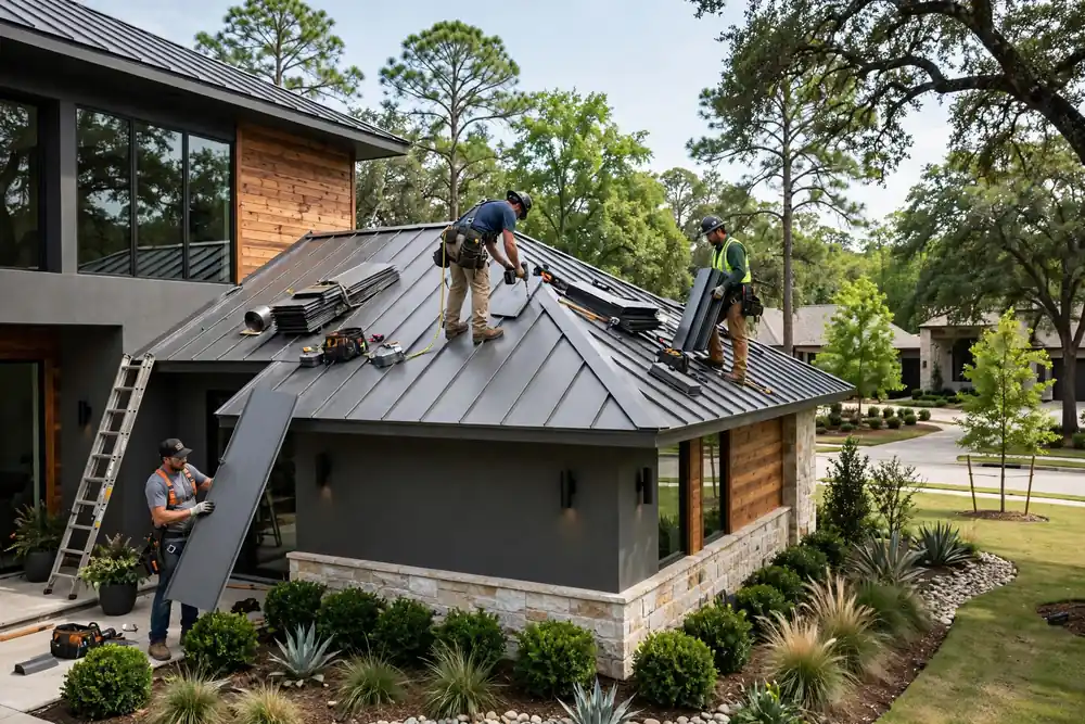Sustitución del techo de metal en The Woodlands, TX - Roof Replacement Pros, Huntsville, TX