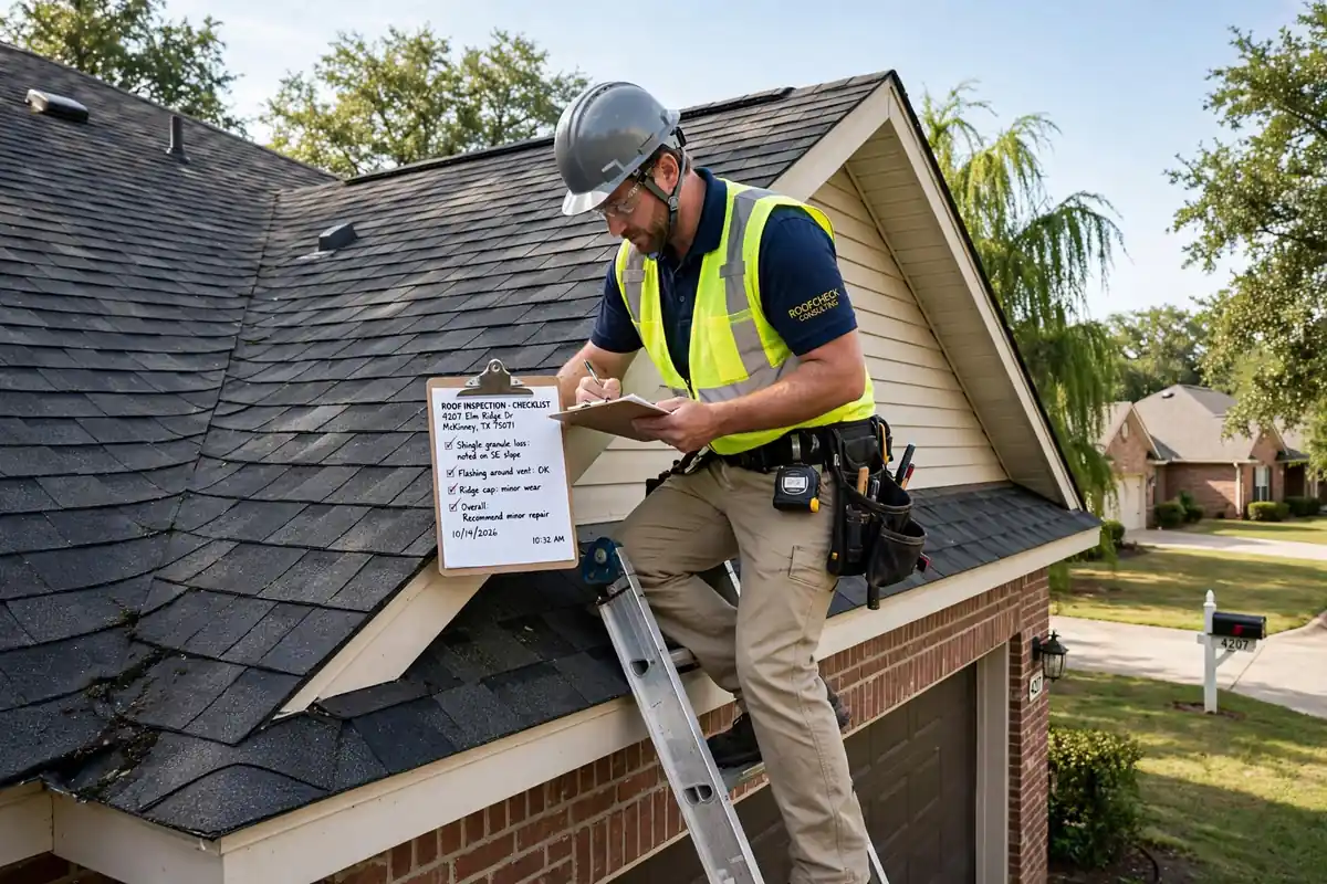 Consultor de techos que inspecciona un techo de tejas en Huntsville, TX - Roof Replacement Pros, Huntsville, TX