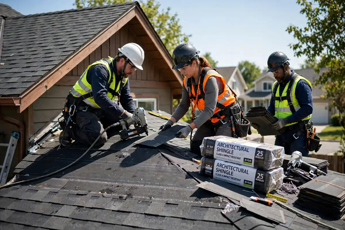 Equipo de techos instalando tejas arquitectónicas en Huntsville, TX - Roof Replacement Pros, Huntsville, TX