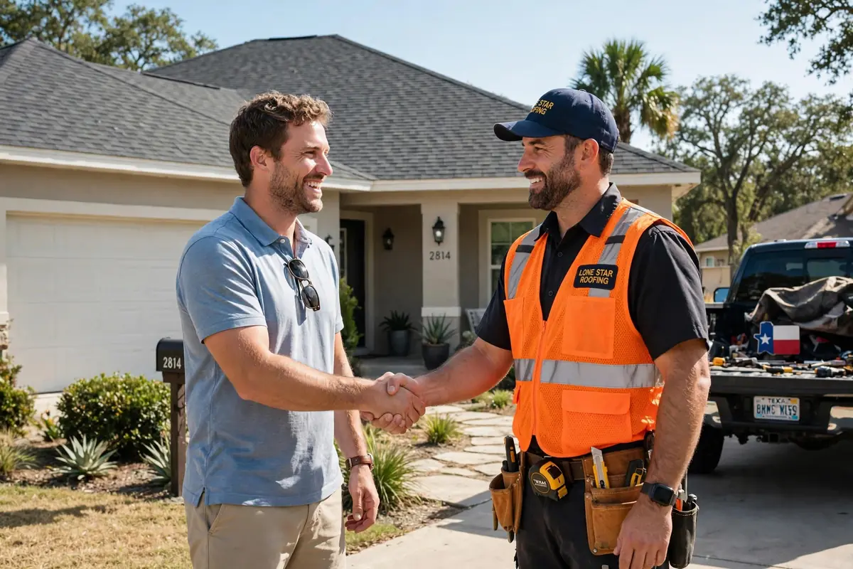 Propietario con contratista de techos y techo nuevo en Huntsville, TX - Roof Replacement Pros, Huntsville, TX